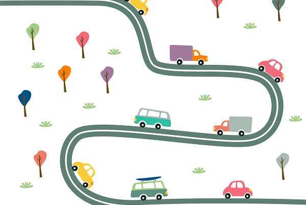Vehicles driving along a windy road illustration
