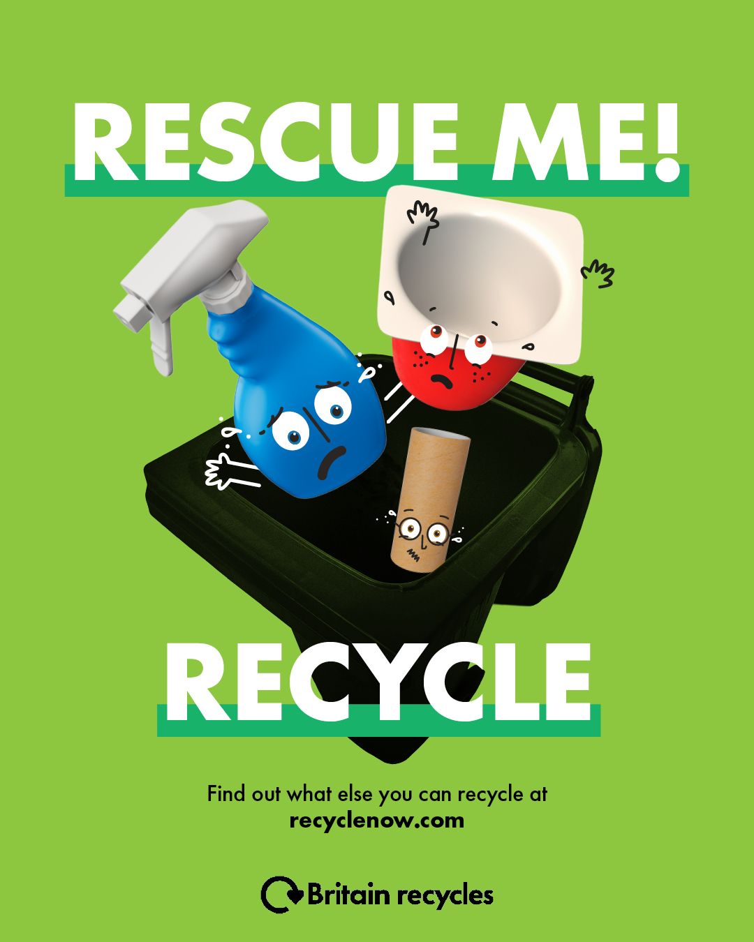 The four characters for Rescue Me - Recyle, above a refuse bin. They are on a green background. There is white text saying "Rescue Me! Recycle"